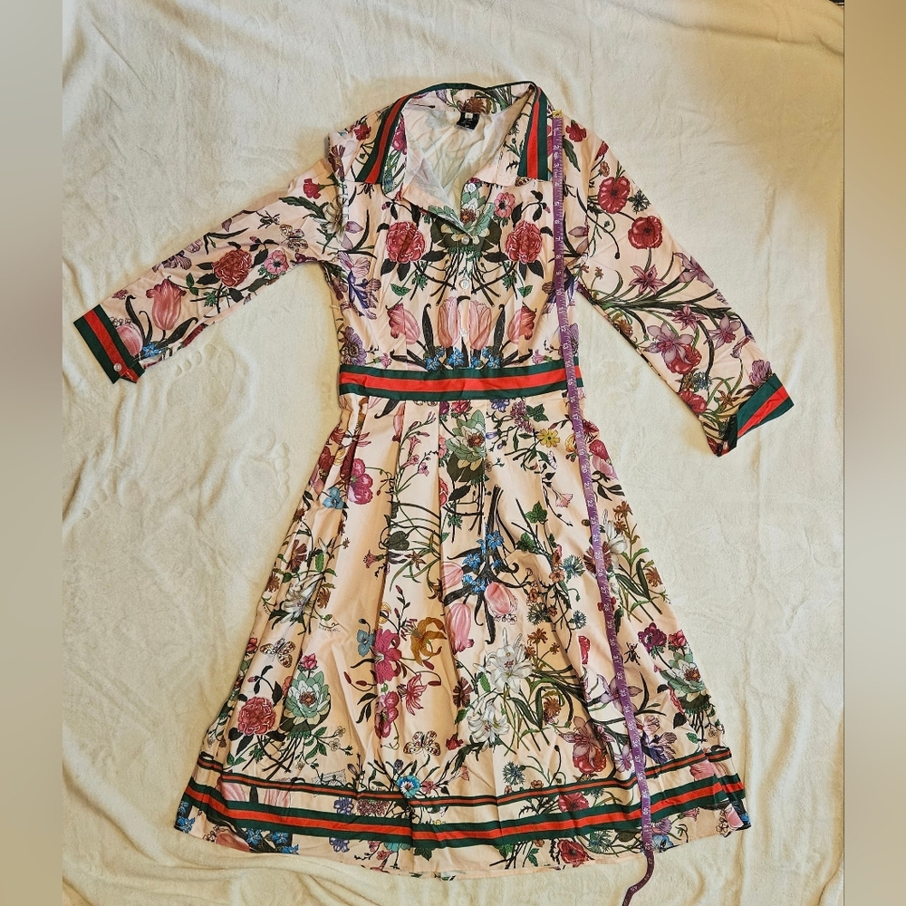 LAI MENG FIVE CATS Women's 3/4 Sleeve Floral Print Button Up A-line Flowy Dress - Picture 7 of 9